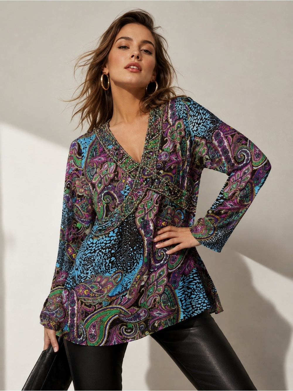 Women’s 100% Silk Paisley Beaded Tunic Blouse Size L Long Sleeve Boho Y2K